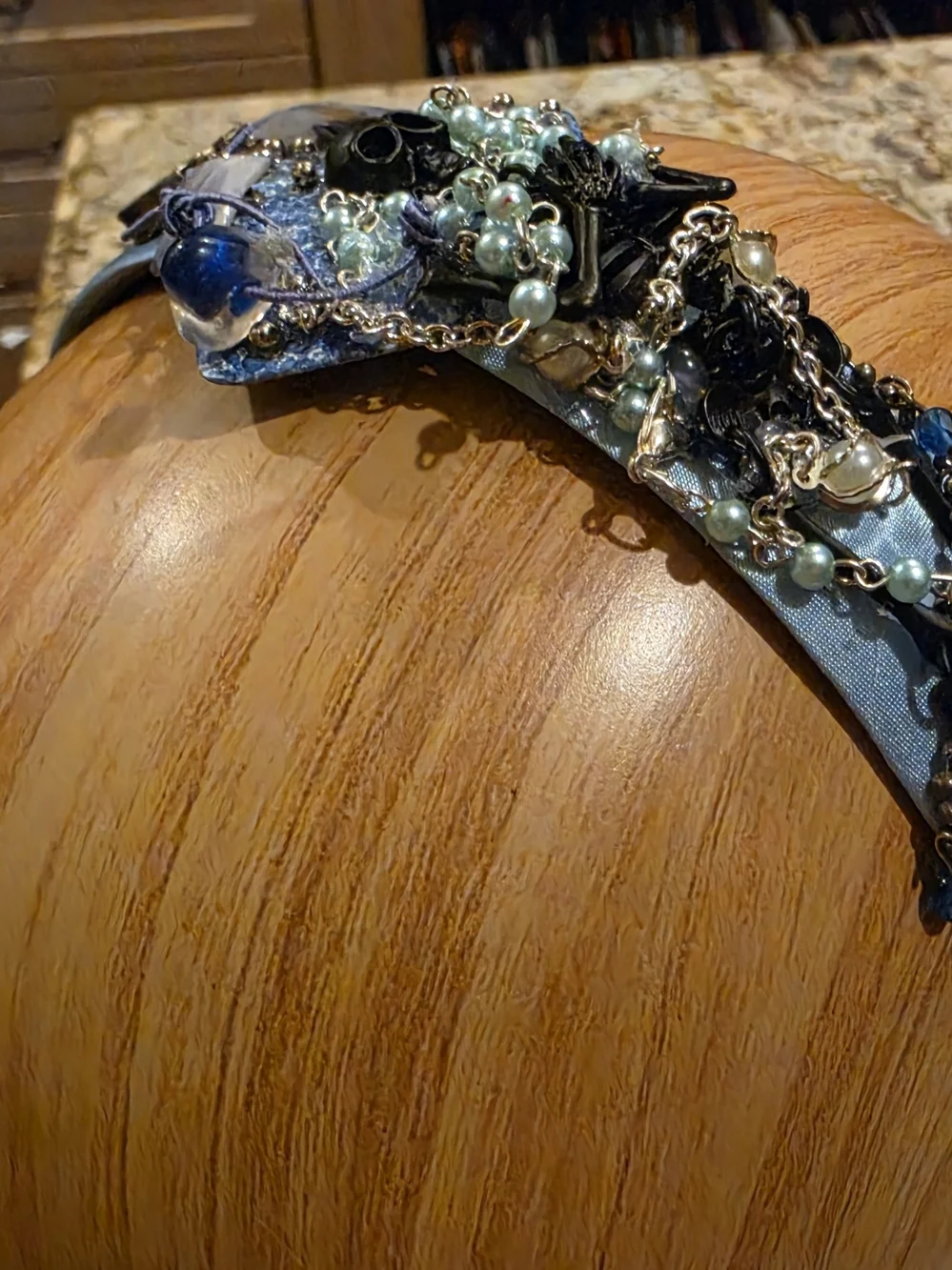 Handcrafted Blue Beaded Headband with Black Skeleton, Pearl & Chains